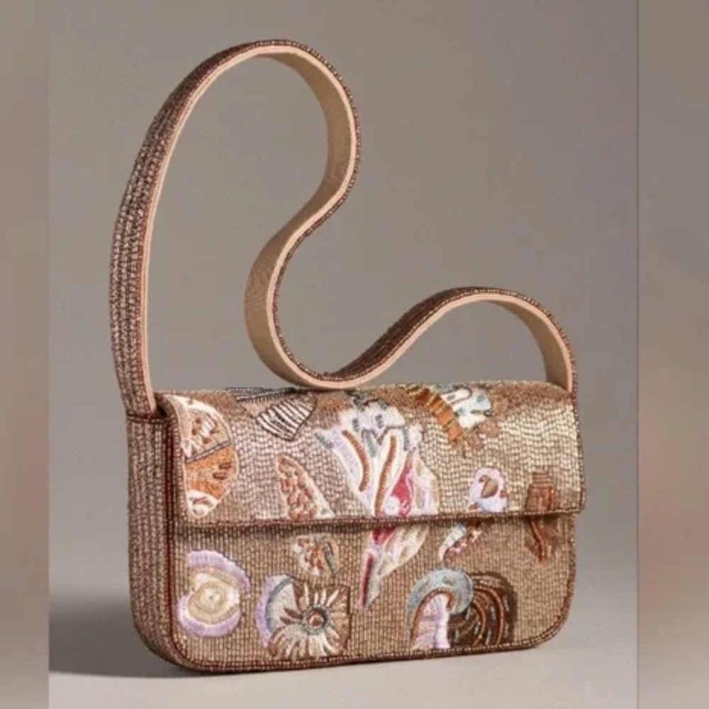Anthropologie beaded Fiona bag embroidered tan shell ocean seashell purse NWT - Picture 3 of 5
